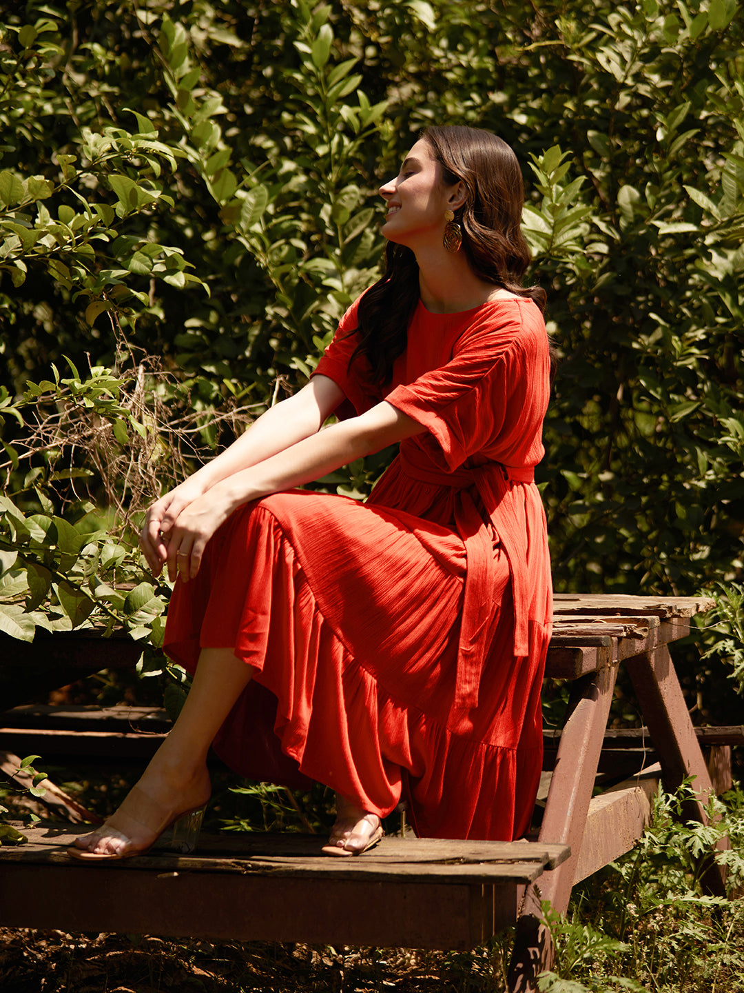 Rust Round Neck Tier Midi Dress