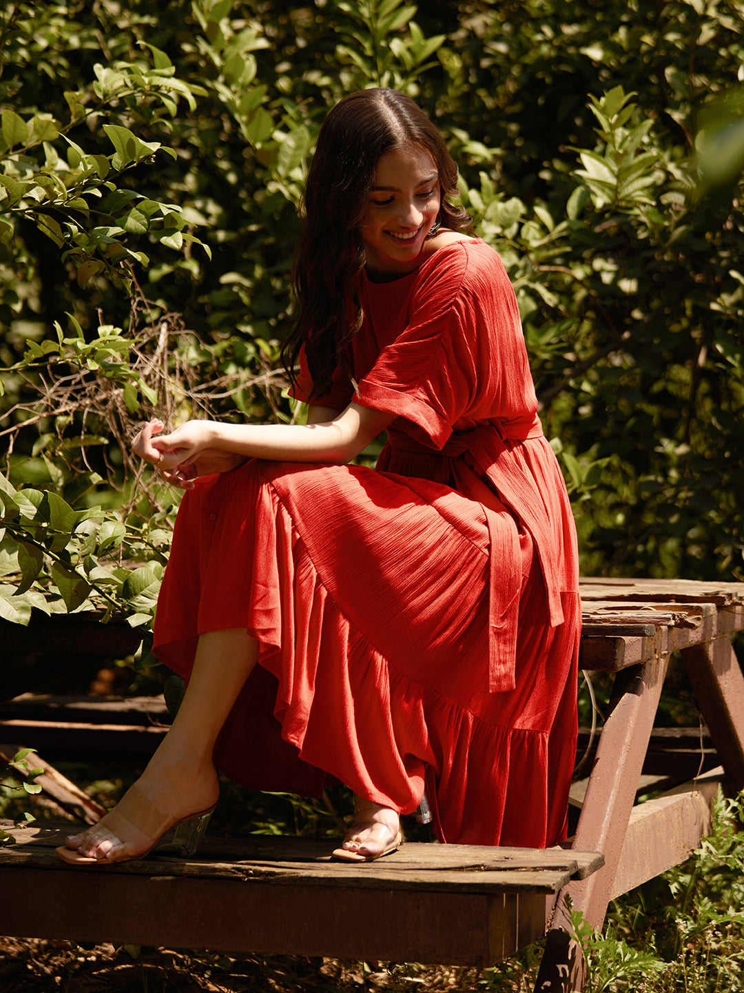 Rust Round Neck Tier Midi Dress