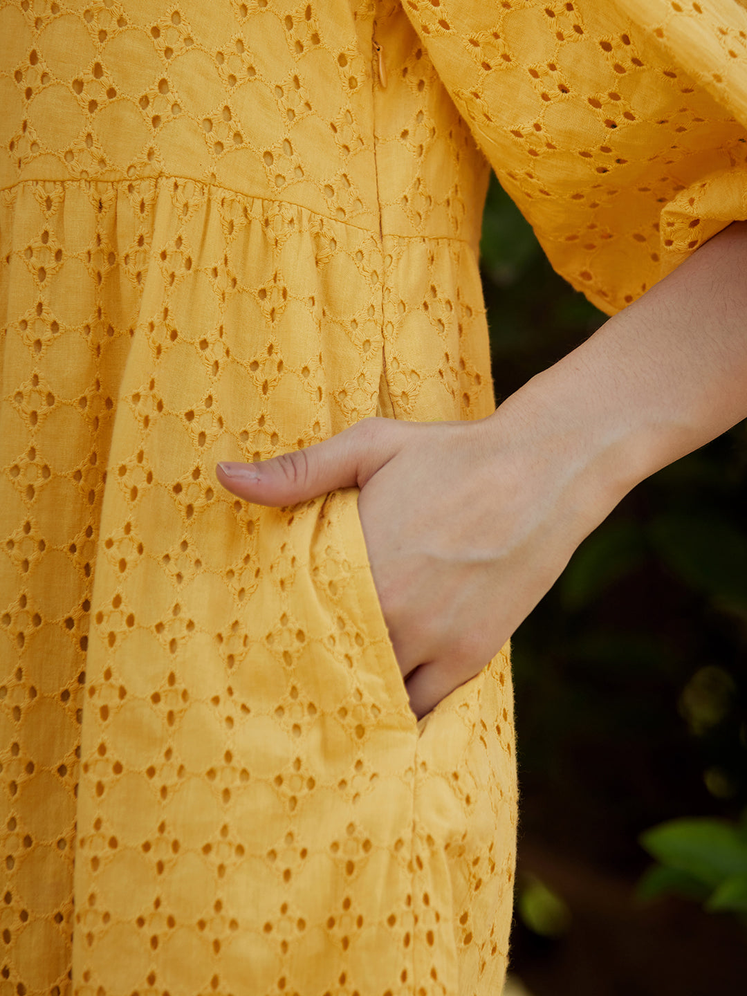 Yellow Cotton Schiffli Midi Dress