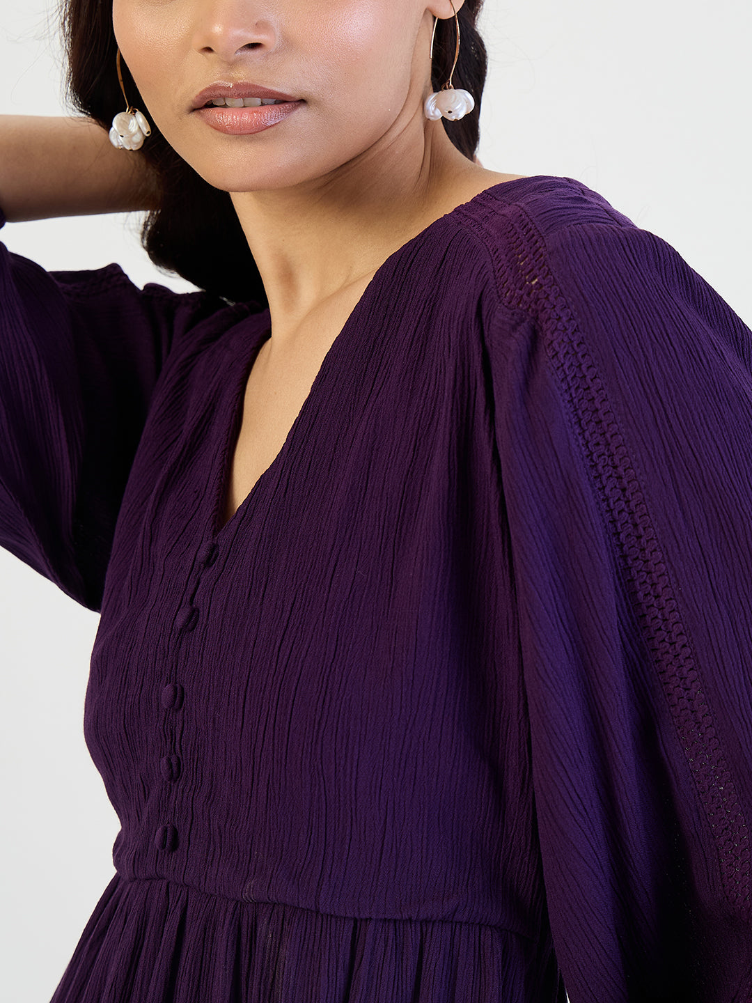 Deep Purple Crinkled Lace Detail Midi Dress