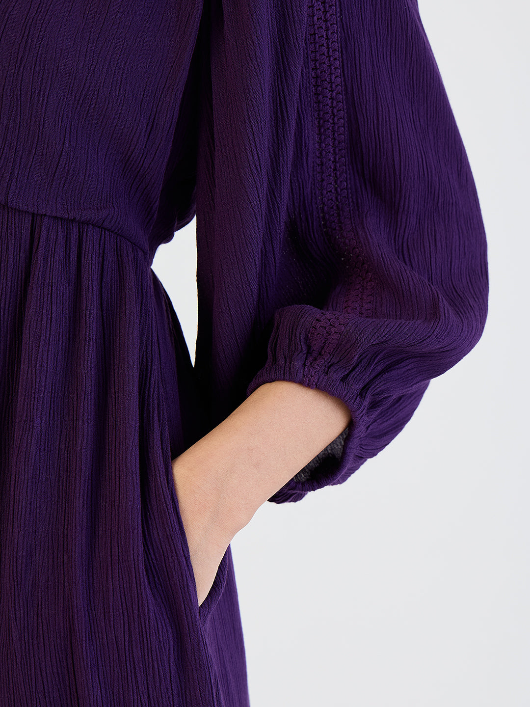 Deep Purple Crinkled Lace Detail Midi Dress