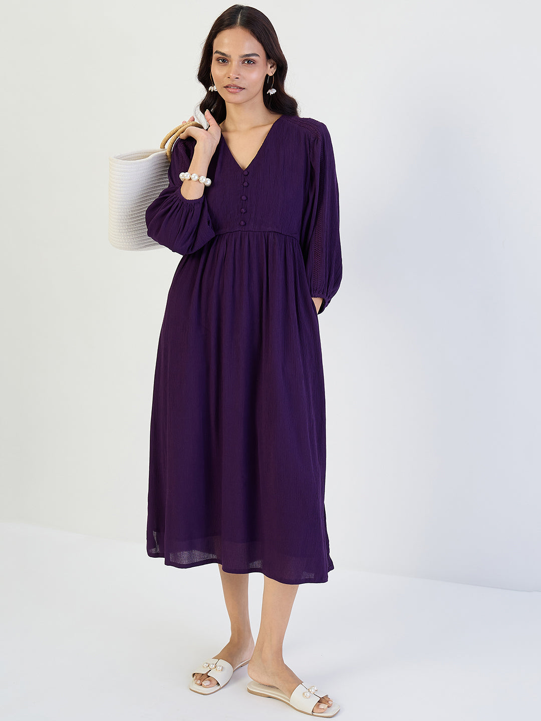 Deep Purple Crinkled Lace Detail Midi Dress