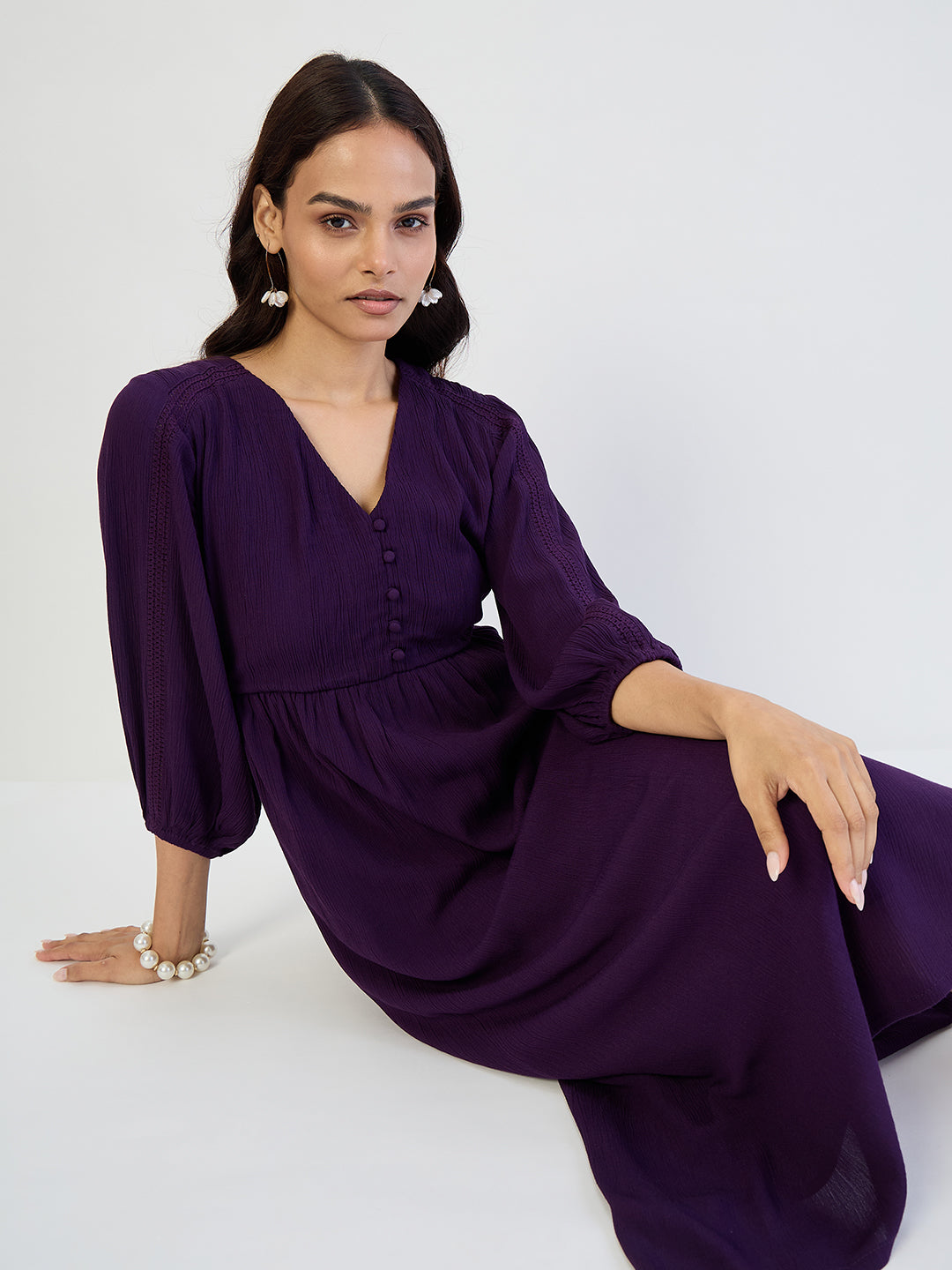 Deep Purple Crinkled Lace Detail Midi Dress