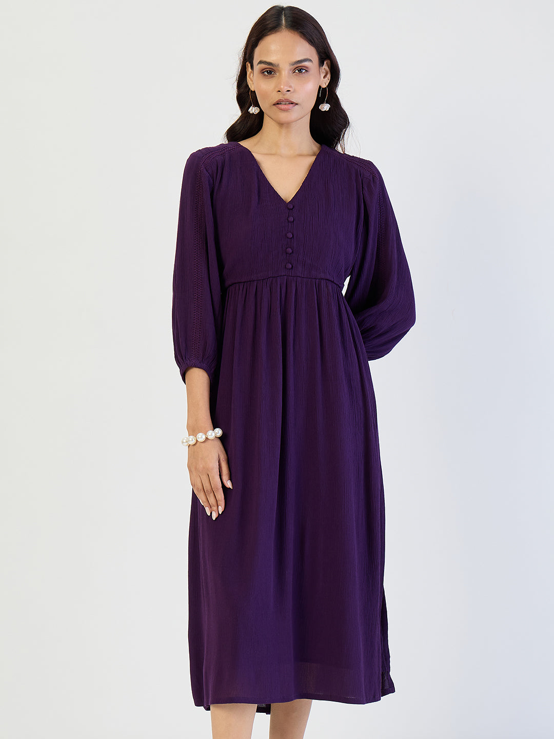 Deep Purple Crinkled Lace Detail Midi Dress