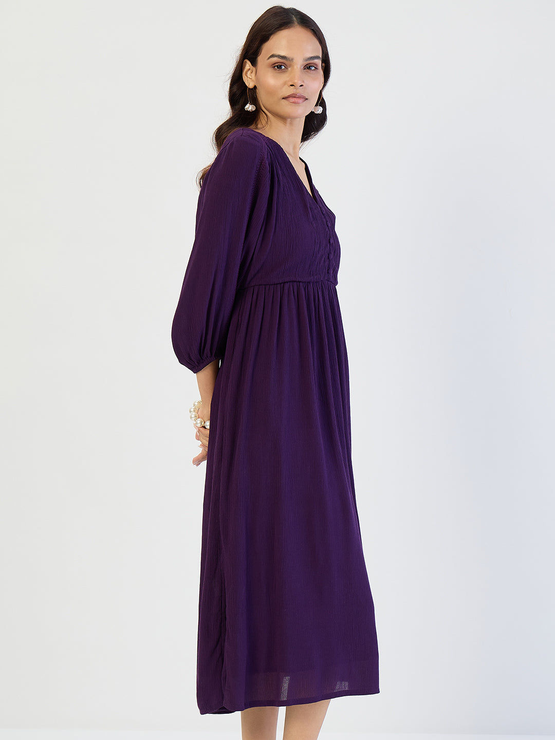 Deep Purple Crinkled Lace Detail Midi Dress