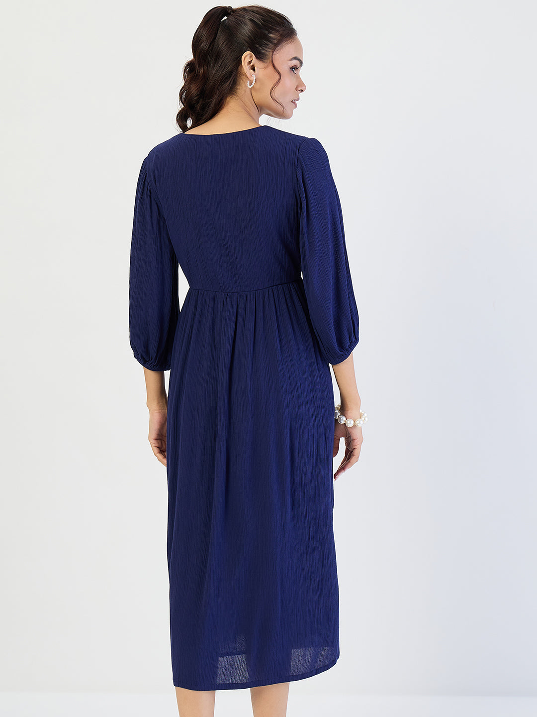 Navy Crinkled Lace Detail Midi Dress