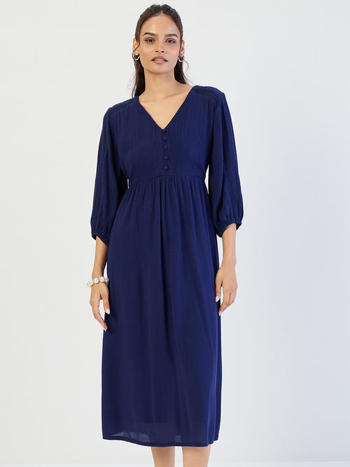 Navy Crinkled Lace Detail Midi Dress