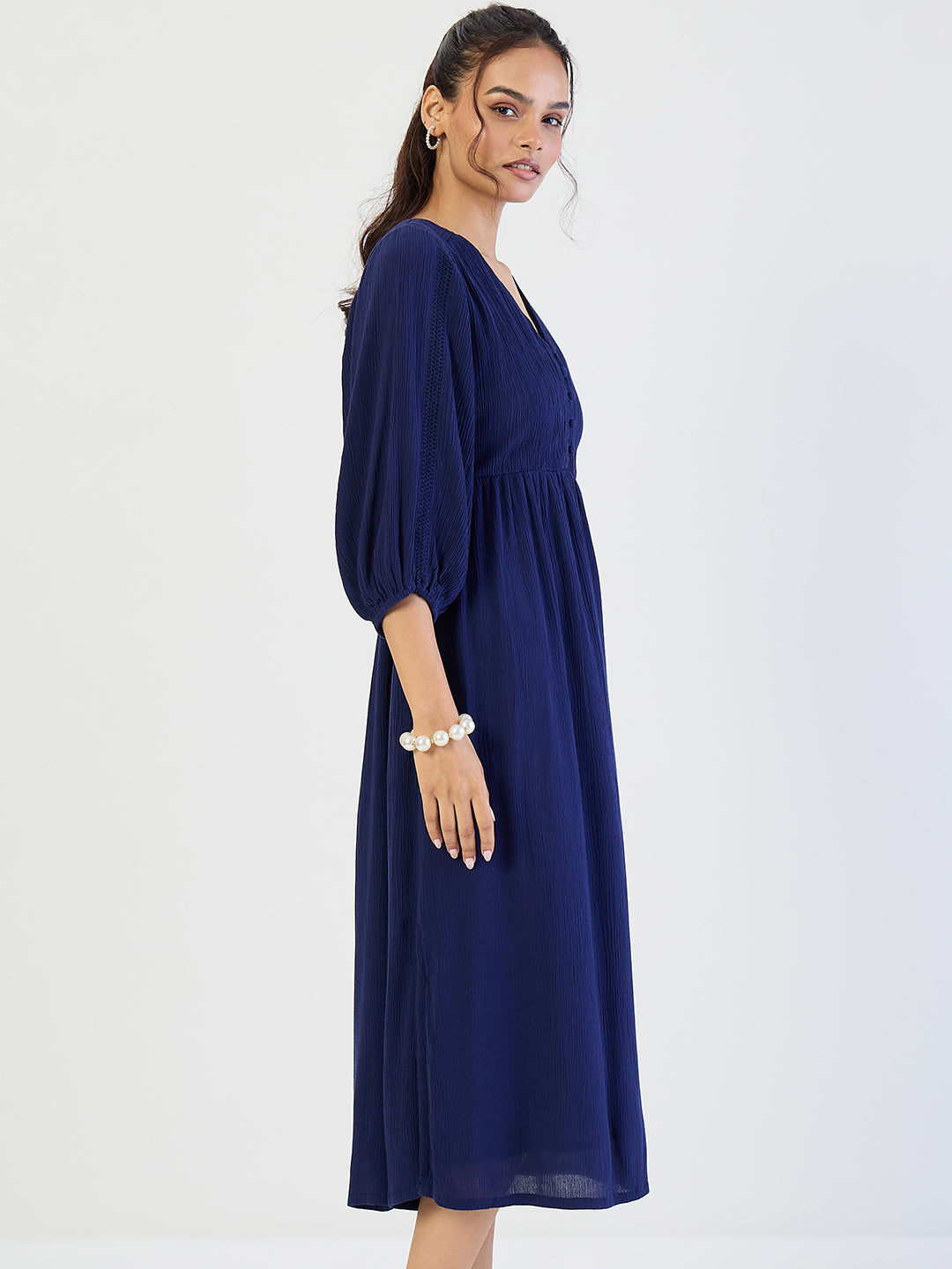 Navy Crinkled Lace Detail Midi Dress