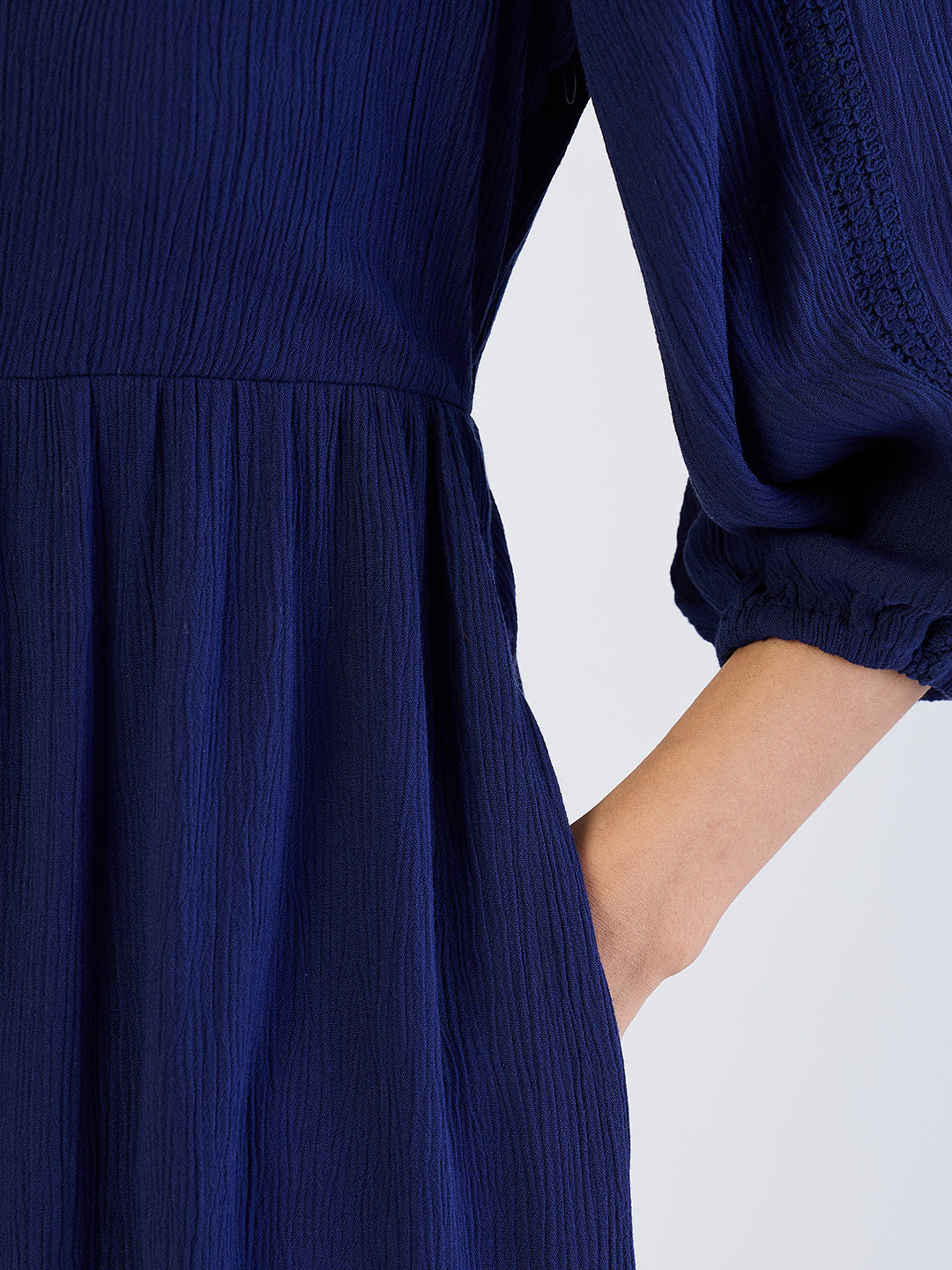 Navy Crinkled Lace Detail Midi Dress