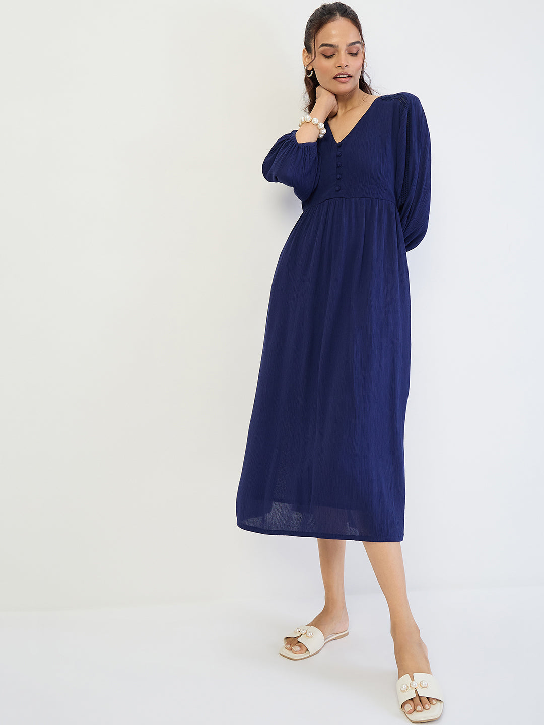 Navy Crinkled Lace Detail Midi Dress