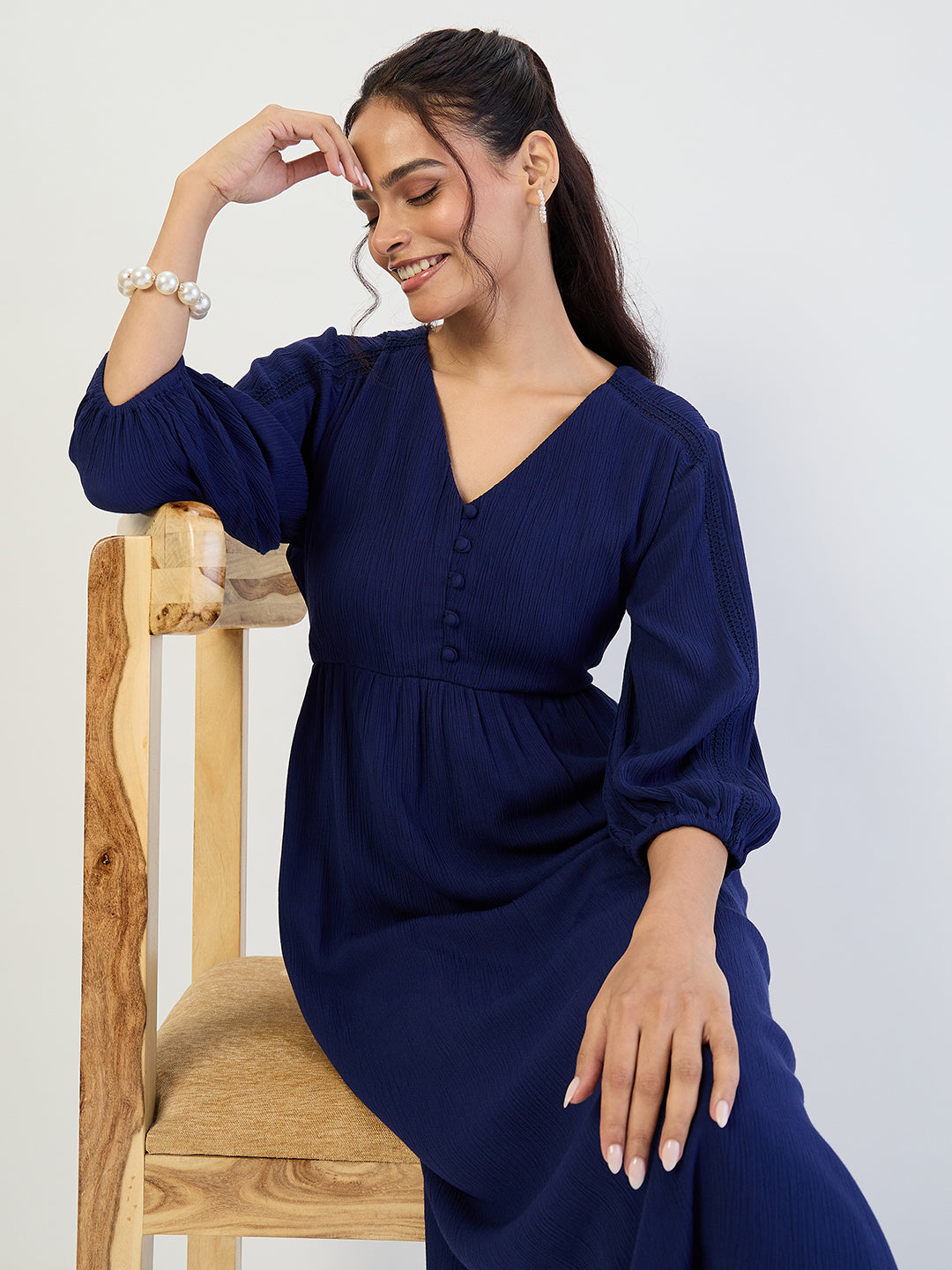 Navy Crinkled Lace Detail Midi Dress