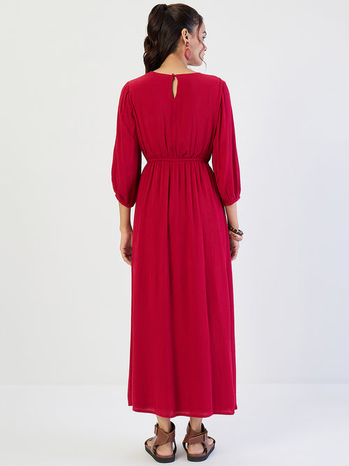 Deep Red Crinkled Round Neck Maxi Dress