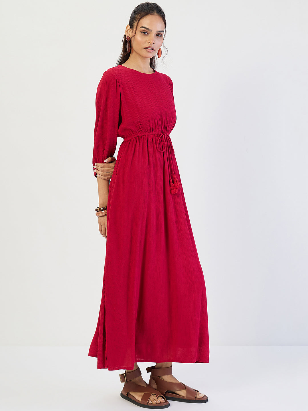 Deep Red Crinkled Round Neck Maxi Dress
