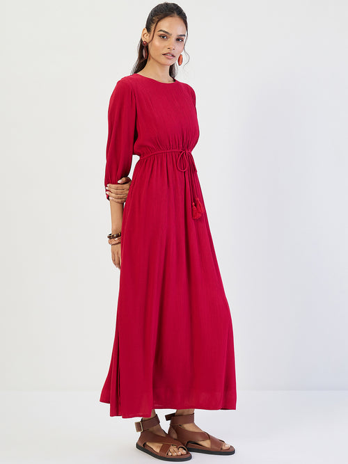 Deep Red Crinkled Round Neck Maxi Dress