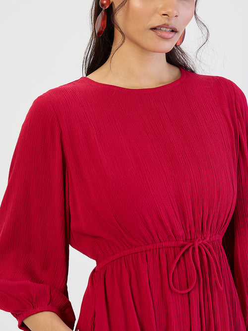 Deep Red Crinkled Round Neck Maxi Dress