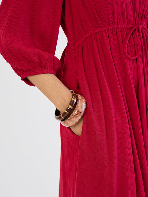 Deep Red Crinkled Round Neck Maxi Dress
