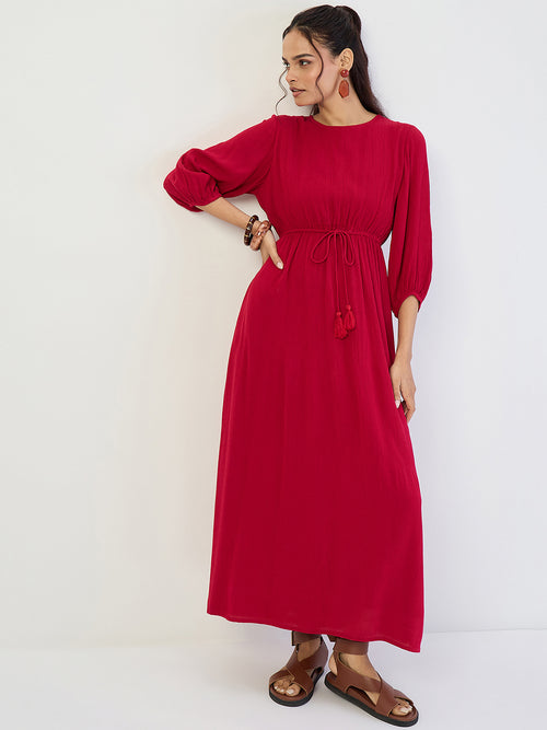 Deep Red Crinkled Round Neck Maxi Dress