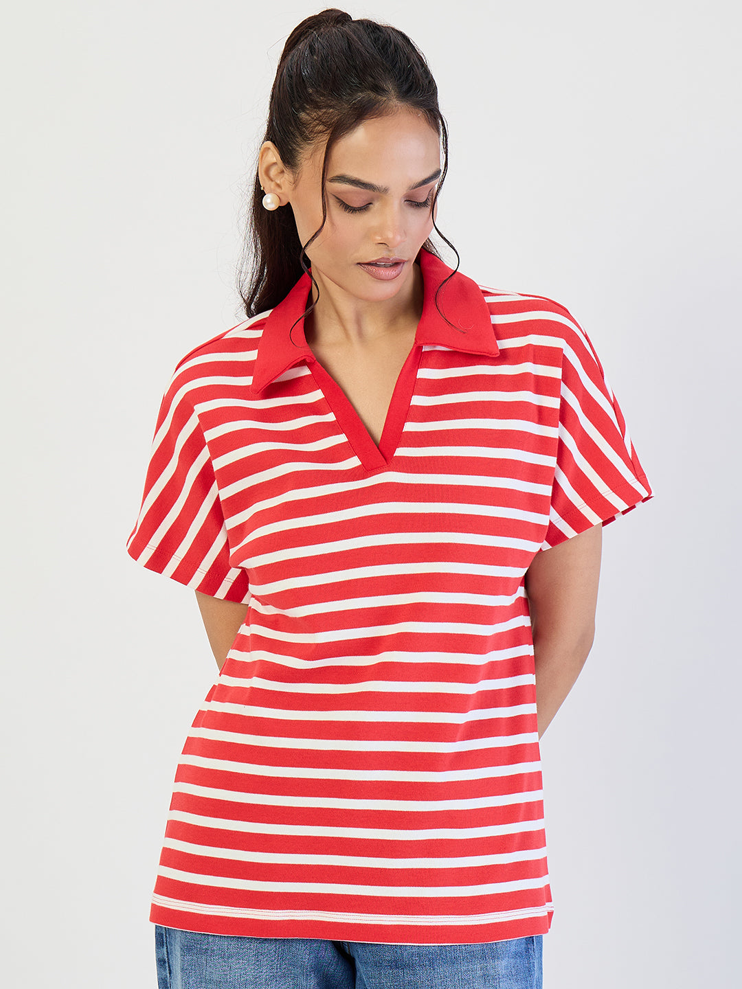 Red Striped Polo Knit T-Shirt