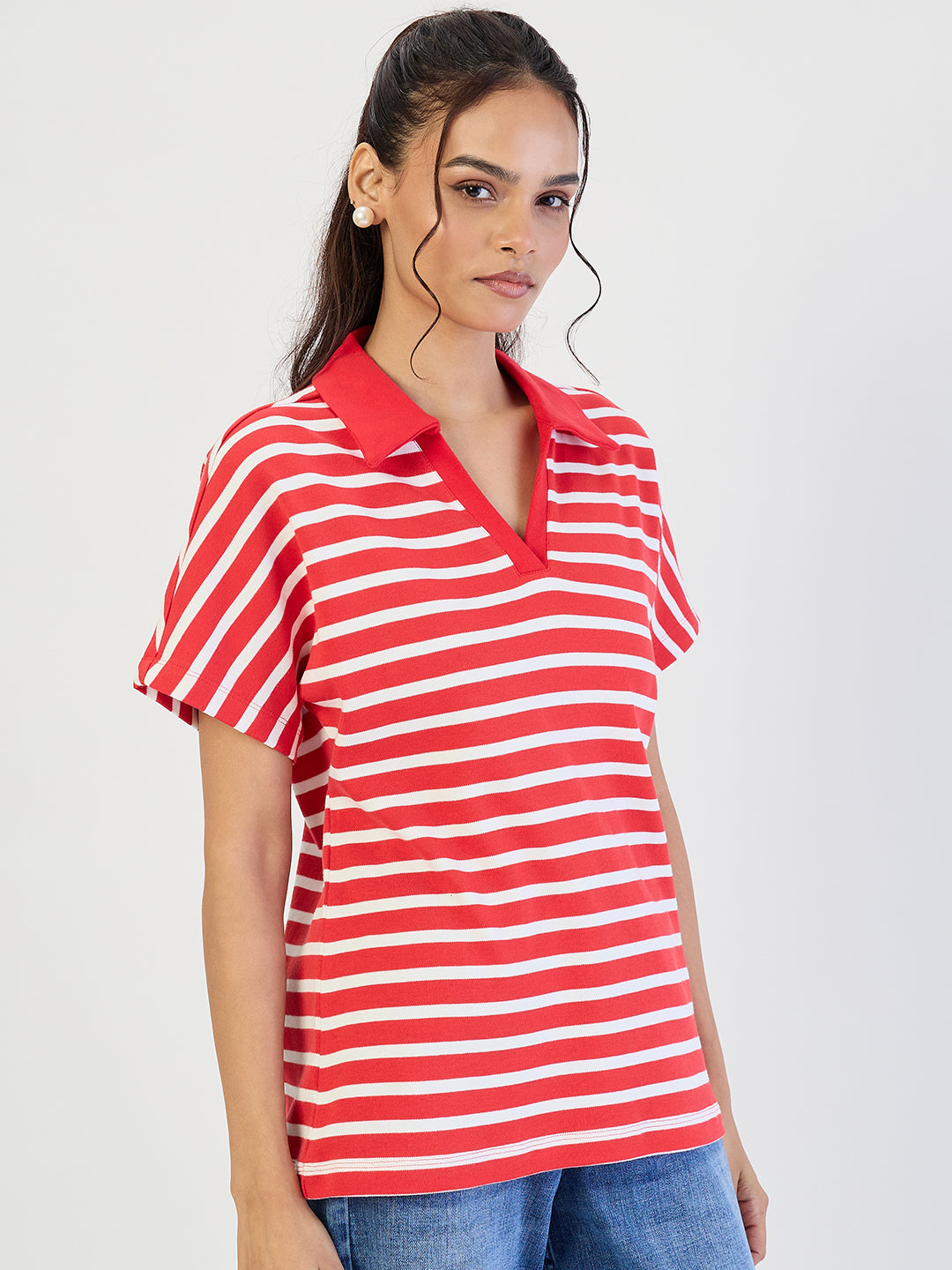 Red Striped Polo Knit T-Shirt
