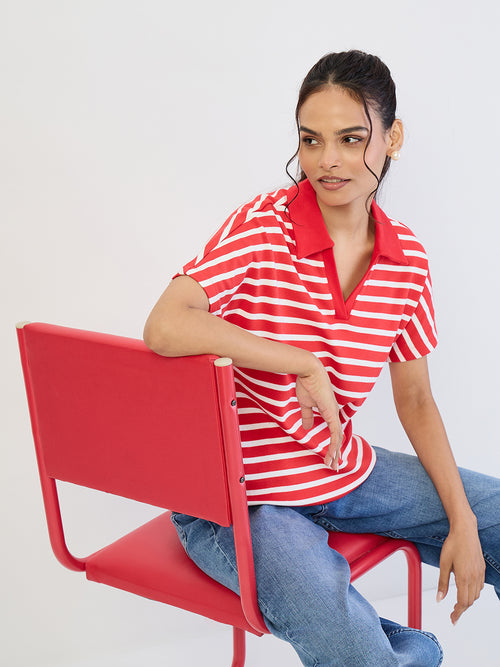 Red Striped Polo Knit T-Shirt