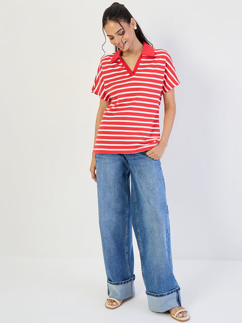 Red Striped Polo Knit T-Shirt