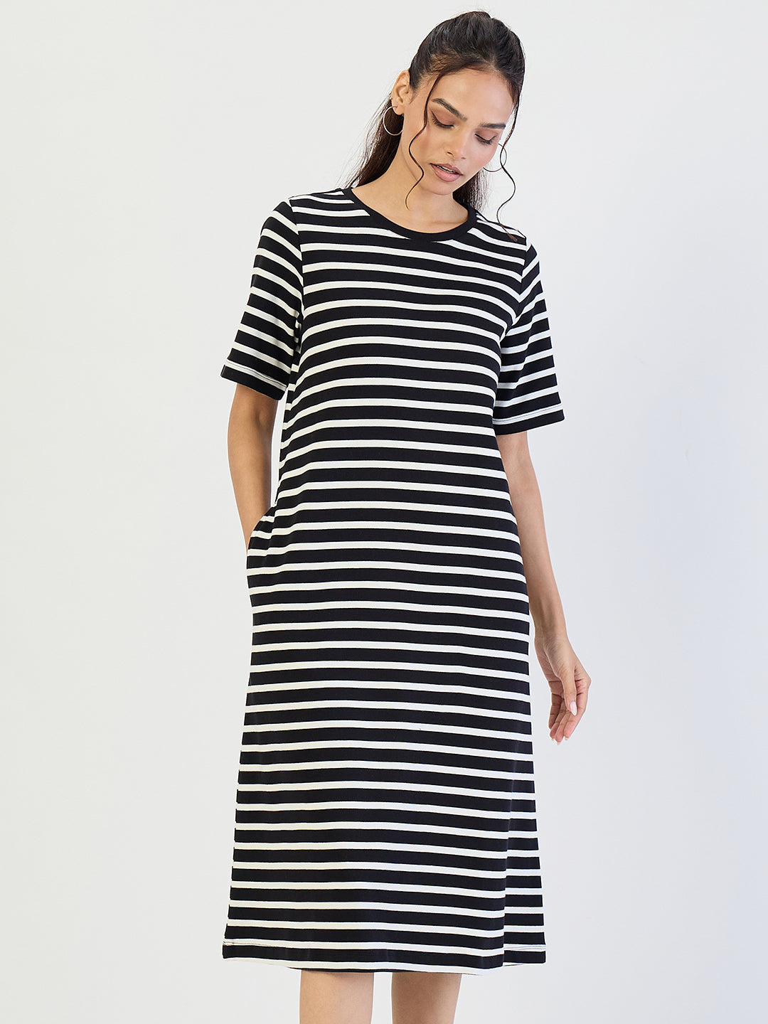 Black Striped Knit Midi Dress