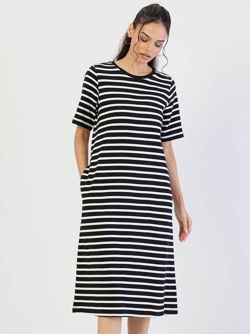 Black Striped Knit Midi Dress