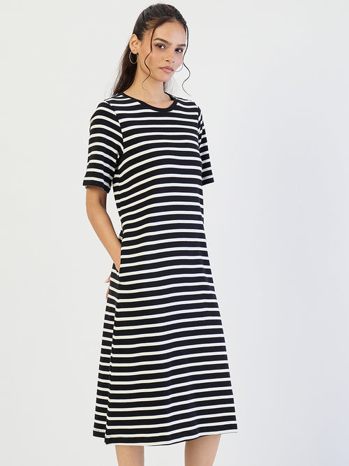 Black Striped Knit Midi Dress