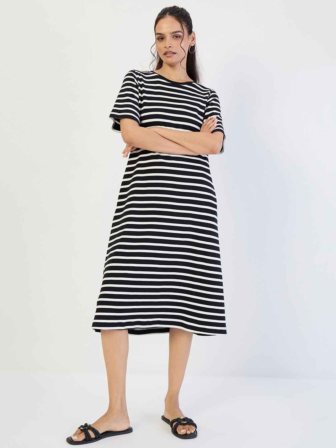 Black Striped Knit Midi Dress