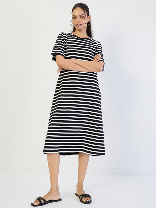 Black Striped Knit Midi Dress