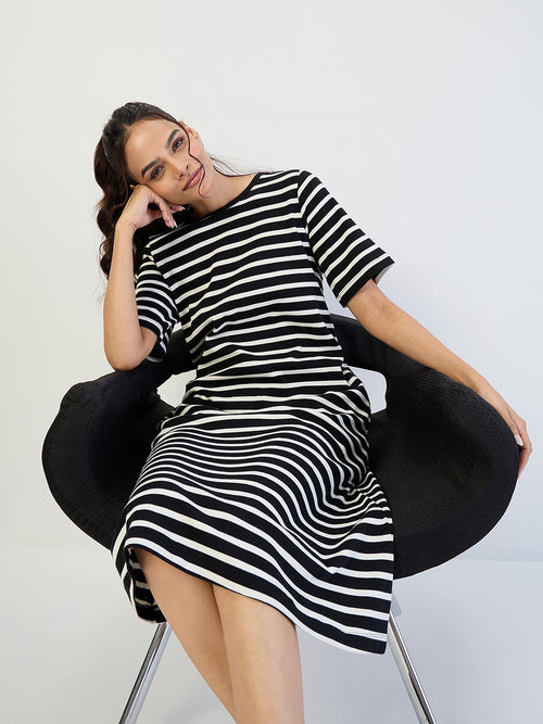 Black Striped Knit Midi Dress