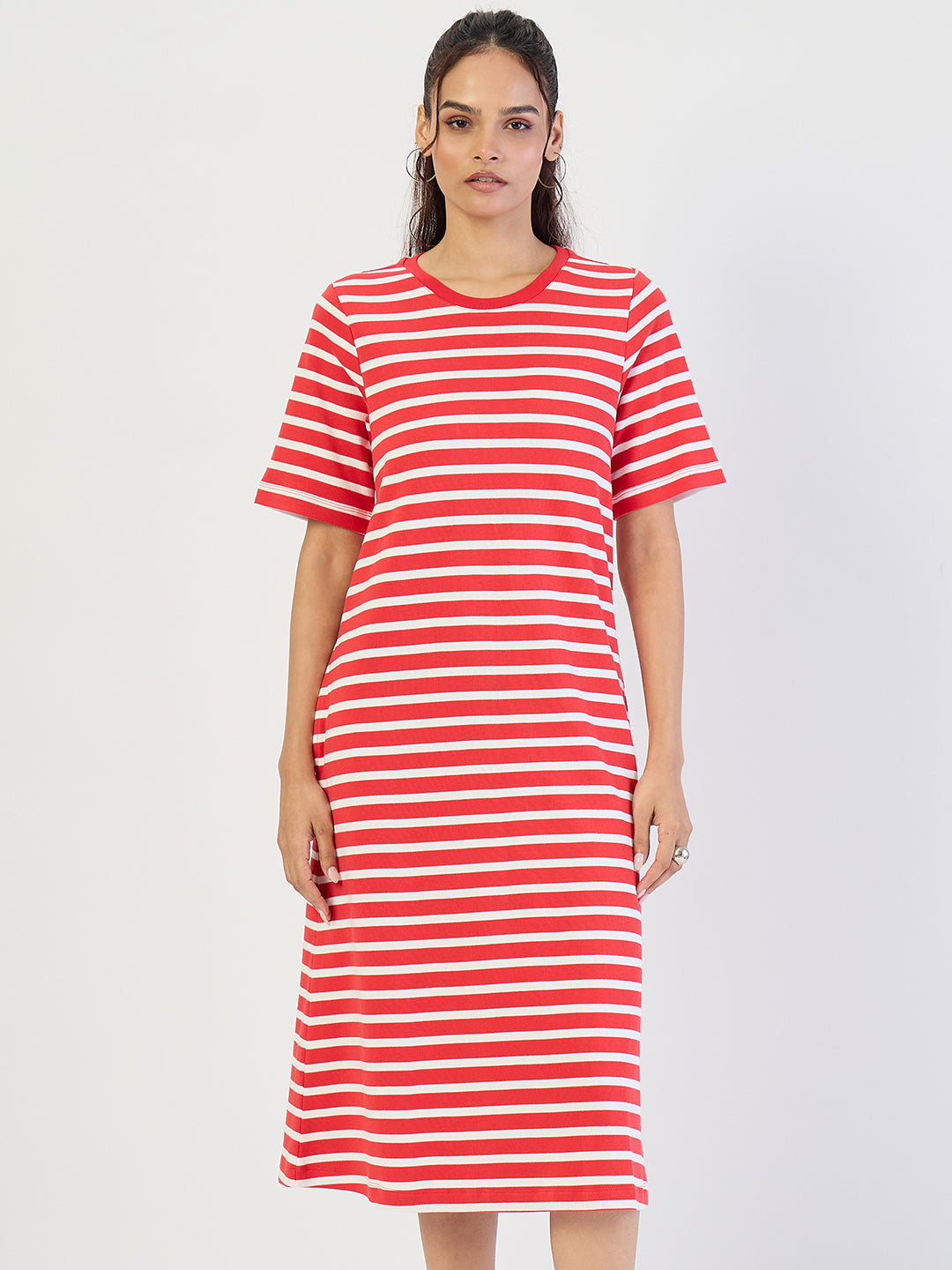 Red Striped Knit Midi Dress