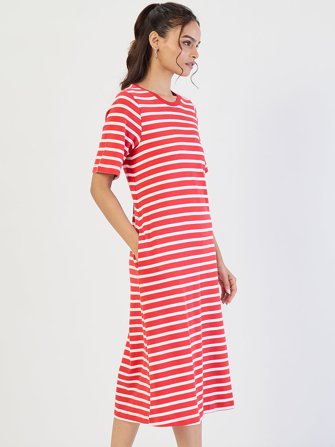 Red Striped Knit Midi Dress