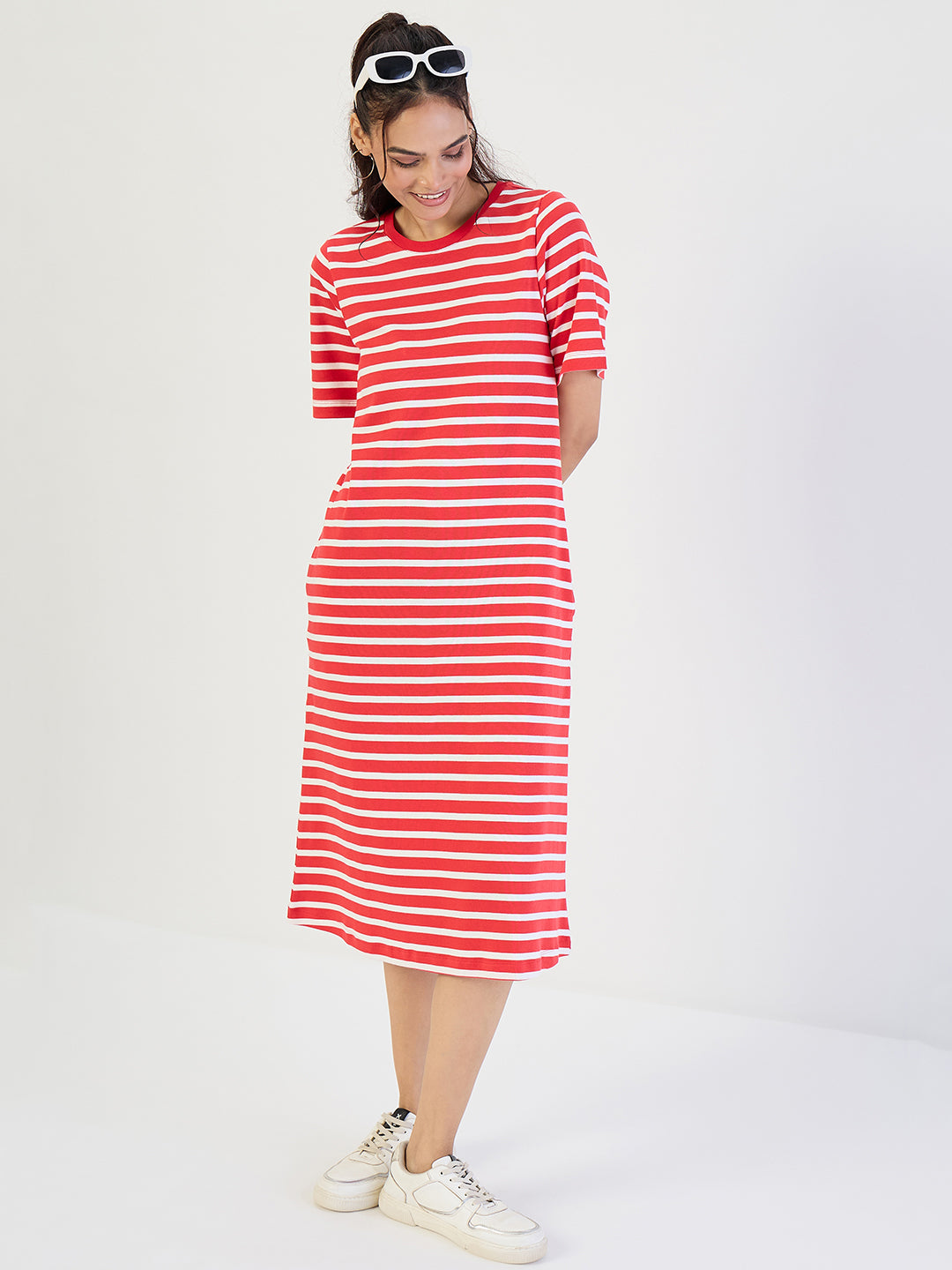 Red Striped Knit Midi Dress