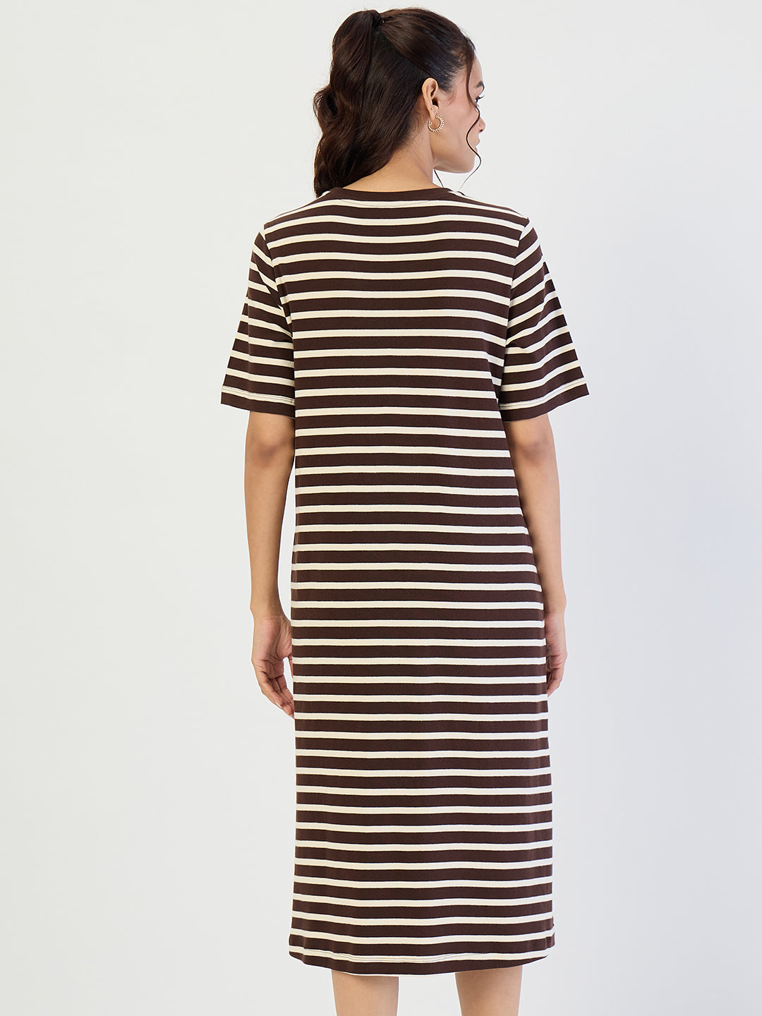 Brown Striped Knit Midi Dress