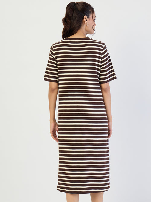 Brown Striped Knit Midi Dress
