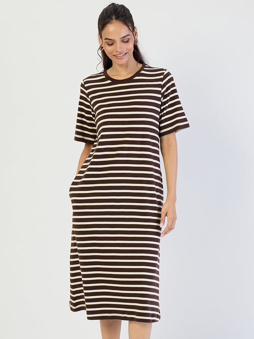 Brown Striped Knit Midi Dress
