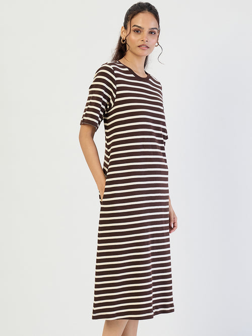 Brown Striped Knit Midi Dress
