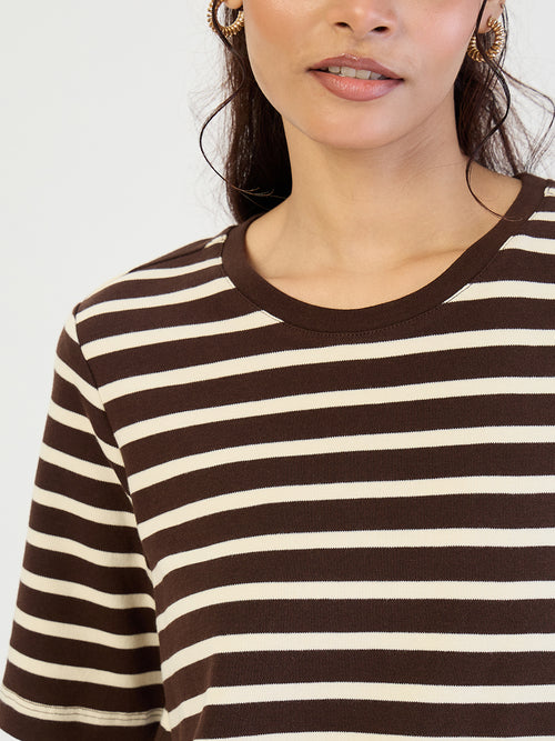 Brown Striped Knit Midi Dress