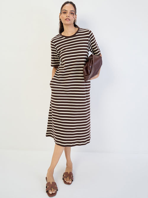 Brown Striped Knit Midi Dress