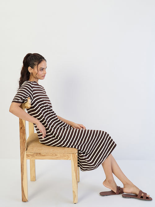 Brown Striped Knit Midi Dress