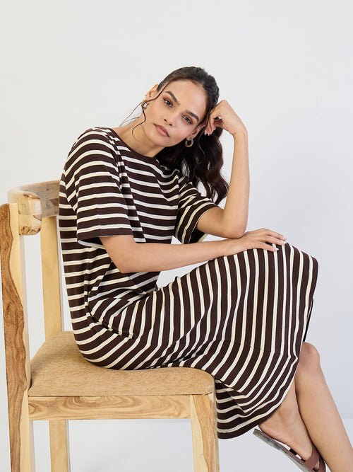 Brown Striped Knit Midi Dress
