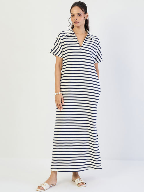 Navy Striped Knit Maxi Dress