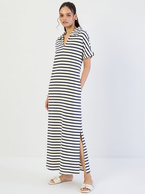 Navy Striped Knit Maxi Dress