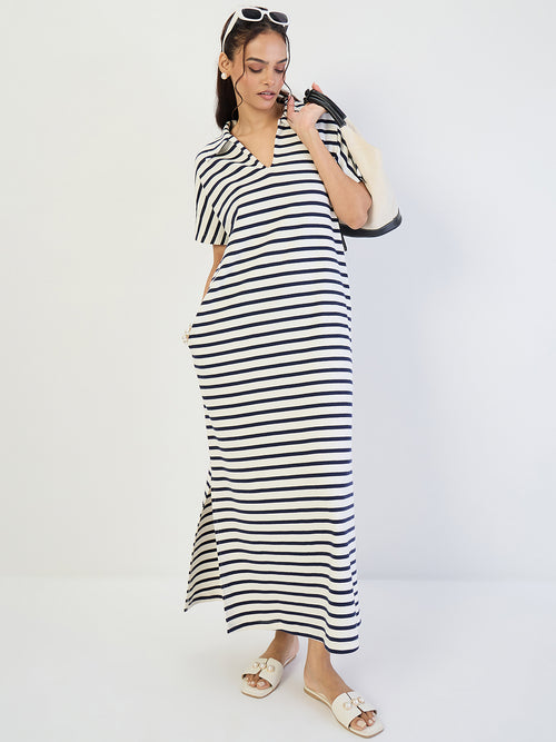 Navy Striped Knit Maxi Dress