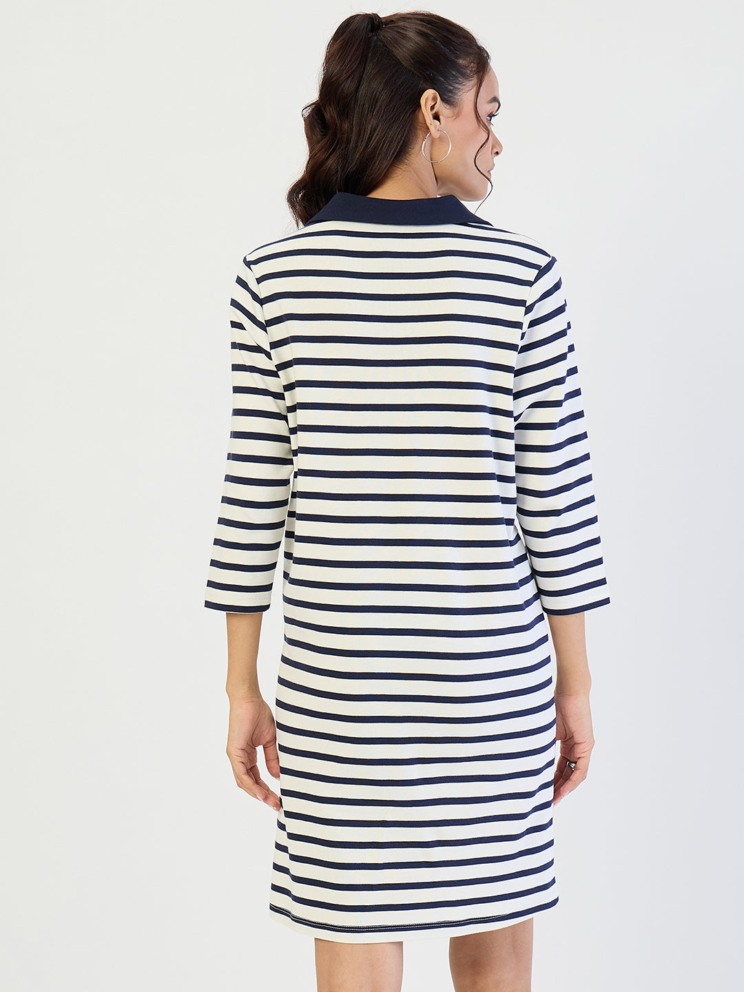 Navy Striped Polo Knit Knee Length Dress