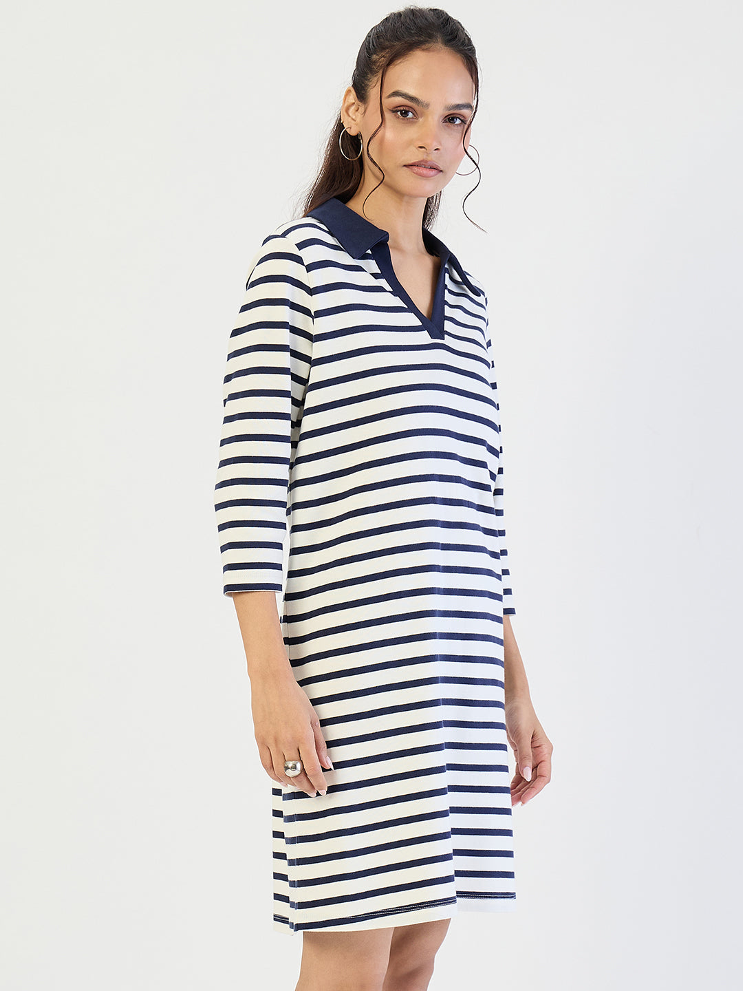 Navy Striped Polo Knit Knee Length Dress