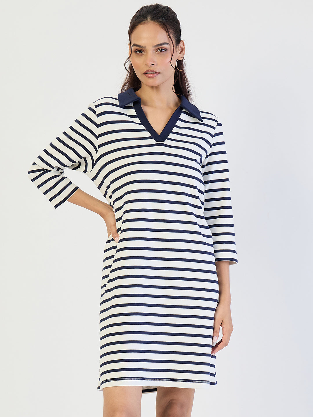 Navy Striped Polo Knit Knee Length Dress