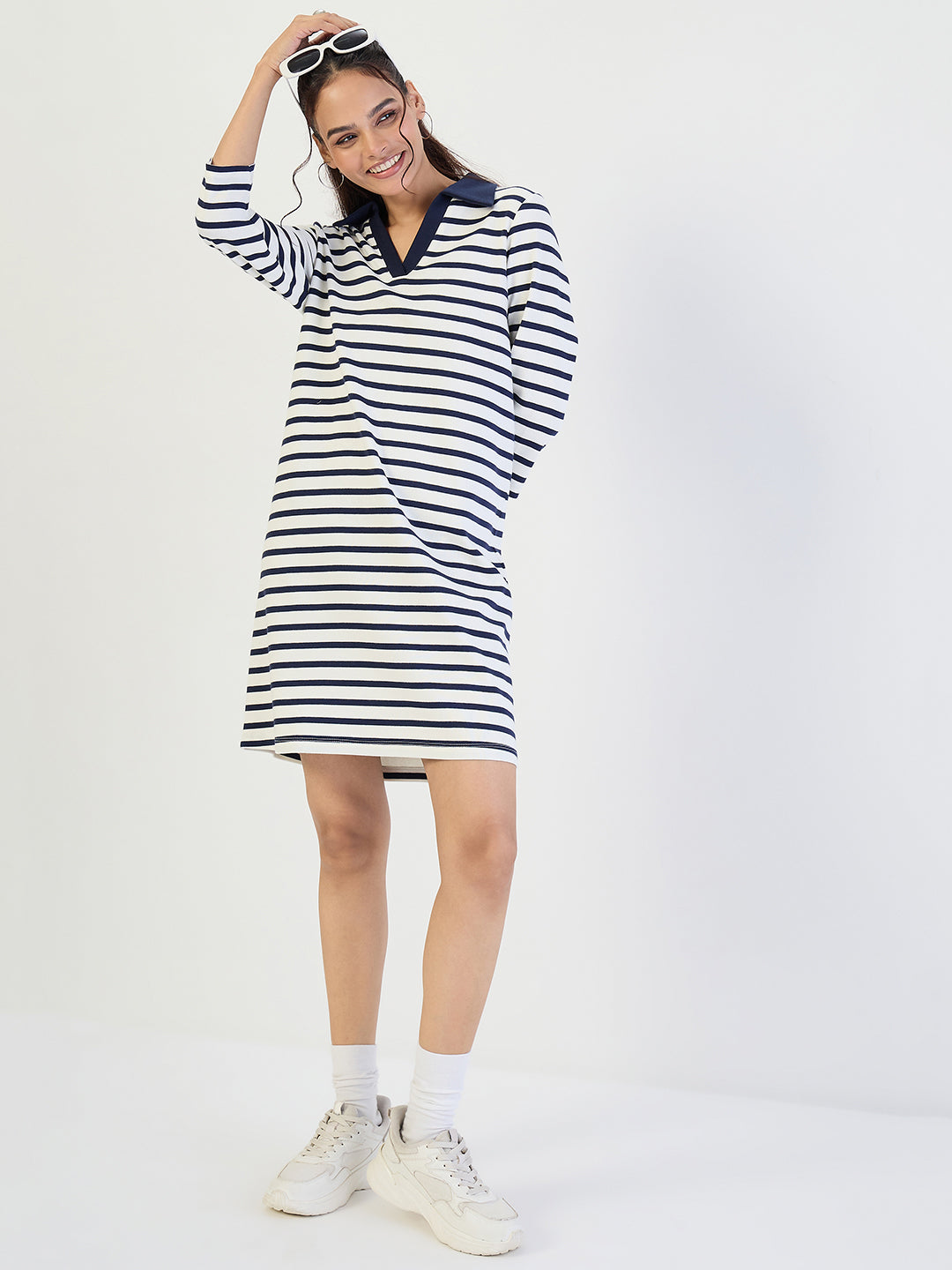 Navy Striped Polo Knit Knee Length Dress