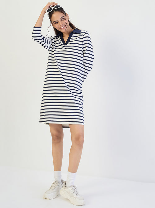 Navy Striped Polo Knit Knee Length Dress